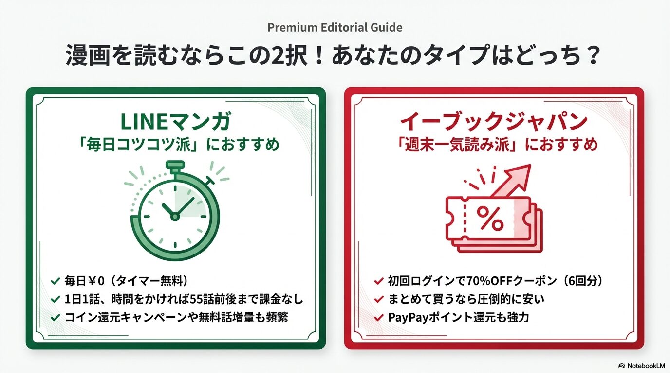 毎日コツコツ派にはLINEマンガ、週末一気読み派にはイーブックジャパンをおすすめする比較表。
