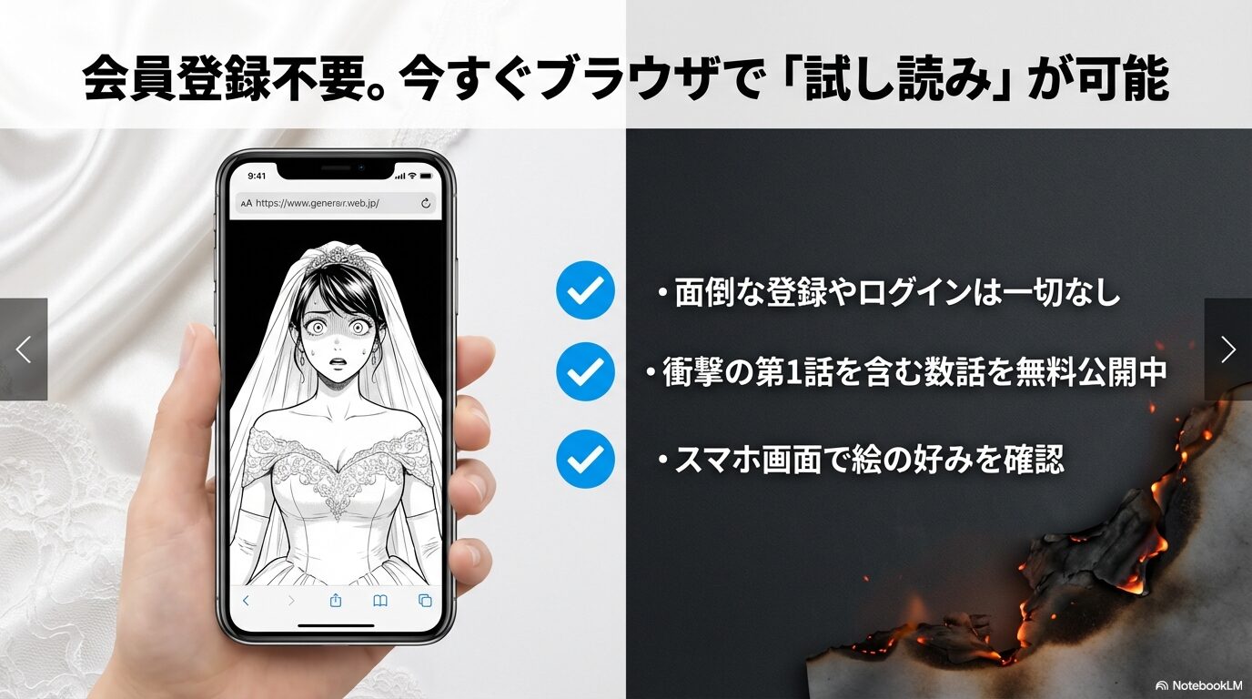 スマートフォンでログインなしにマンガの第1話を試し読みしている様子。