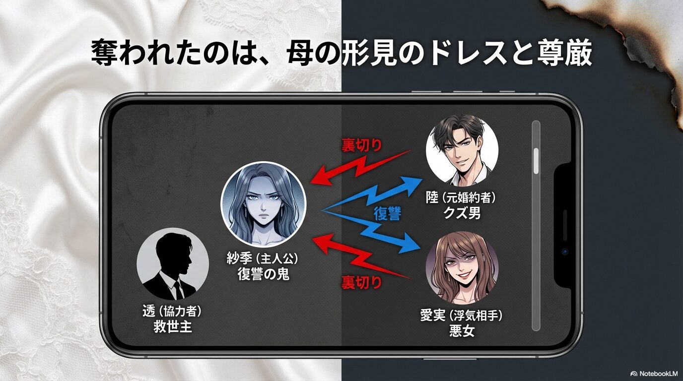 主人公の紗季、元婚約者の陸、浮気相手の愛実、協力者の透の関係性を示した図。