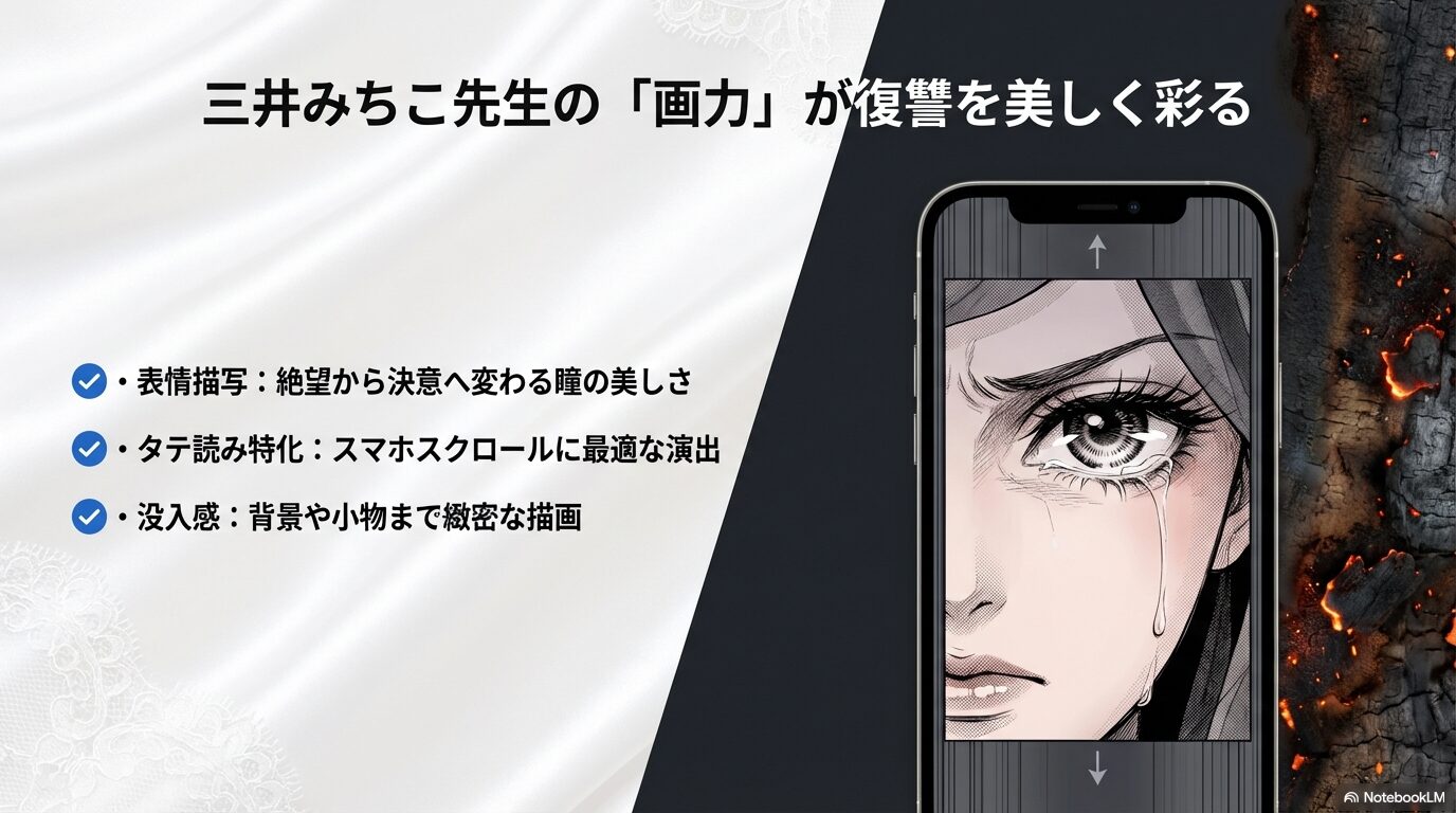 絶望から決意に変わる表情描写や、スマホスクロールに最適なタテ読み演出の魅力を紹介しています。