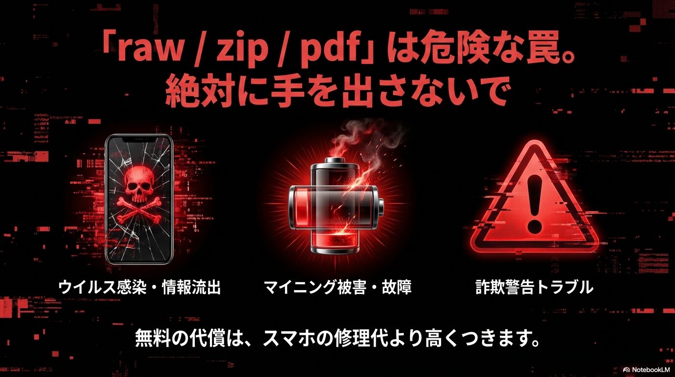 スマホの画面にドクロマークが表示され、ウイルスや故障の警告が出ているイラスト。