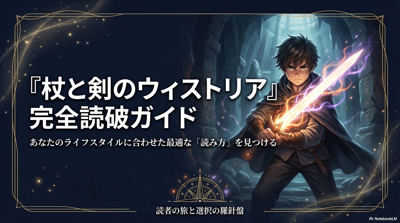 杖と剣のウィストリア完全読破ガイドの表紙。あなたのライフスタイルに合わせた最適な読み方を見つけるための羅針盤。