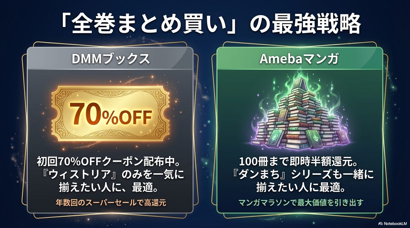 全巻まとめ買いに適したDMMブックスの70%OFFクーポンと、シリーズ買いに最適なAmebaマンガの100冊半額還元の比較 。