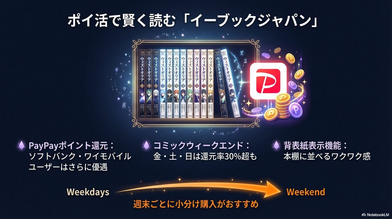 ebookjapanのPayPayポイント還元キャンペーンと、背表紙表示ができる本棚機能の紹介 。