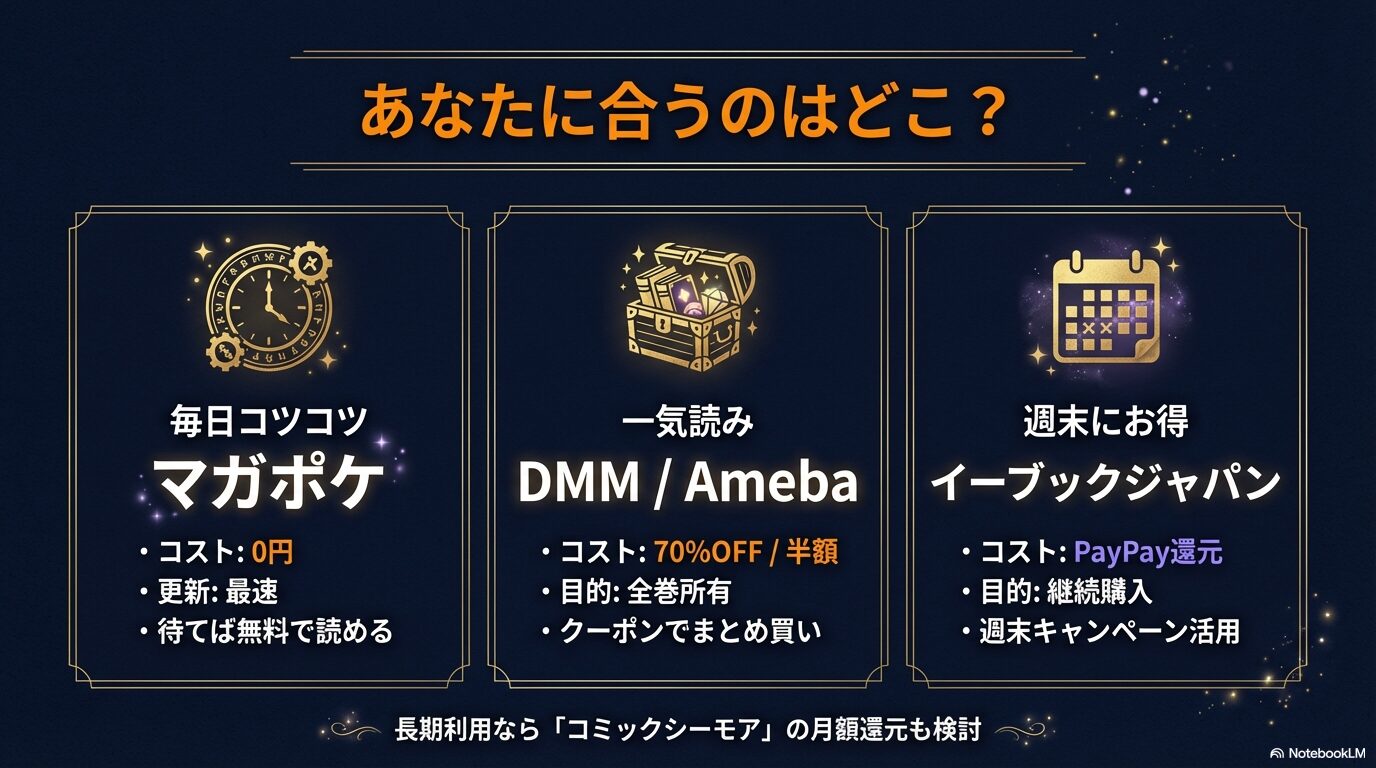マガポケ、DMM/Ameba、イーブックジャパンそれぞれのコストと利用目的に合わせた比較チャート 。