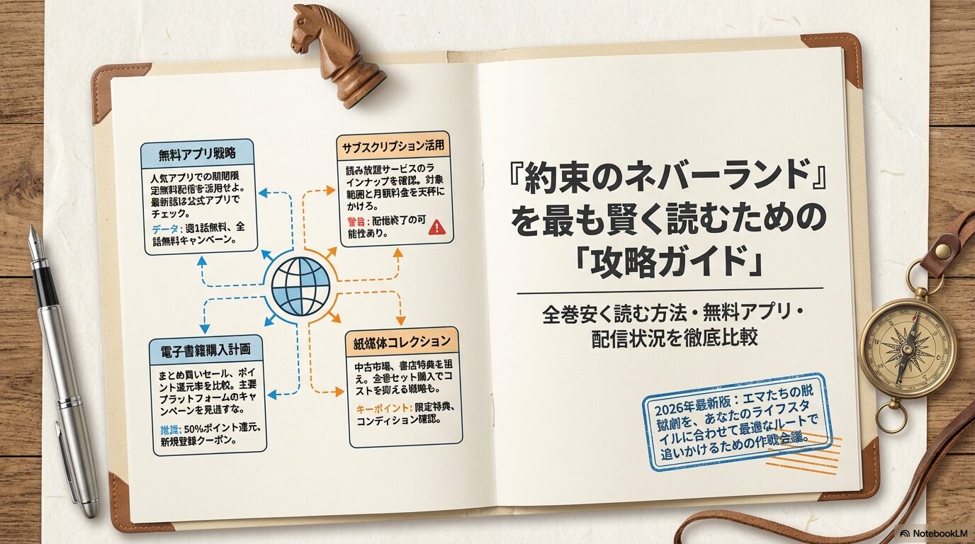 約束のネバーランド全巻を安く読む方法、無料アプリ、配信状況を比較した2026年最新版の攻略ガイドスライド。