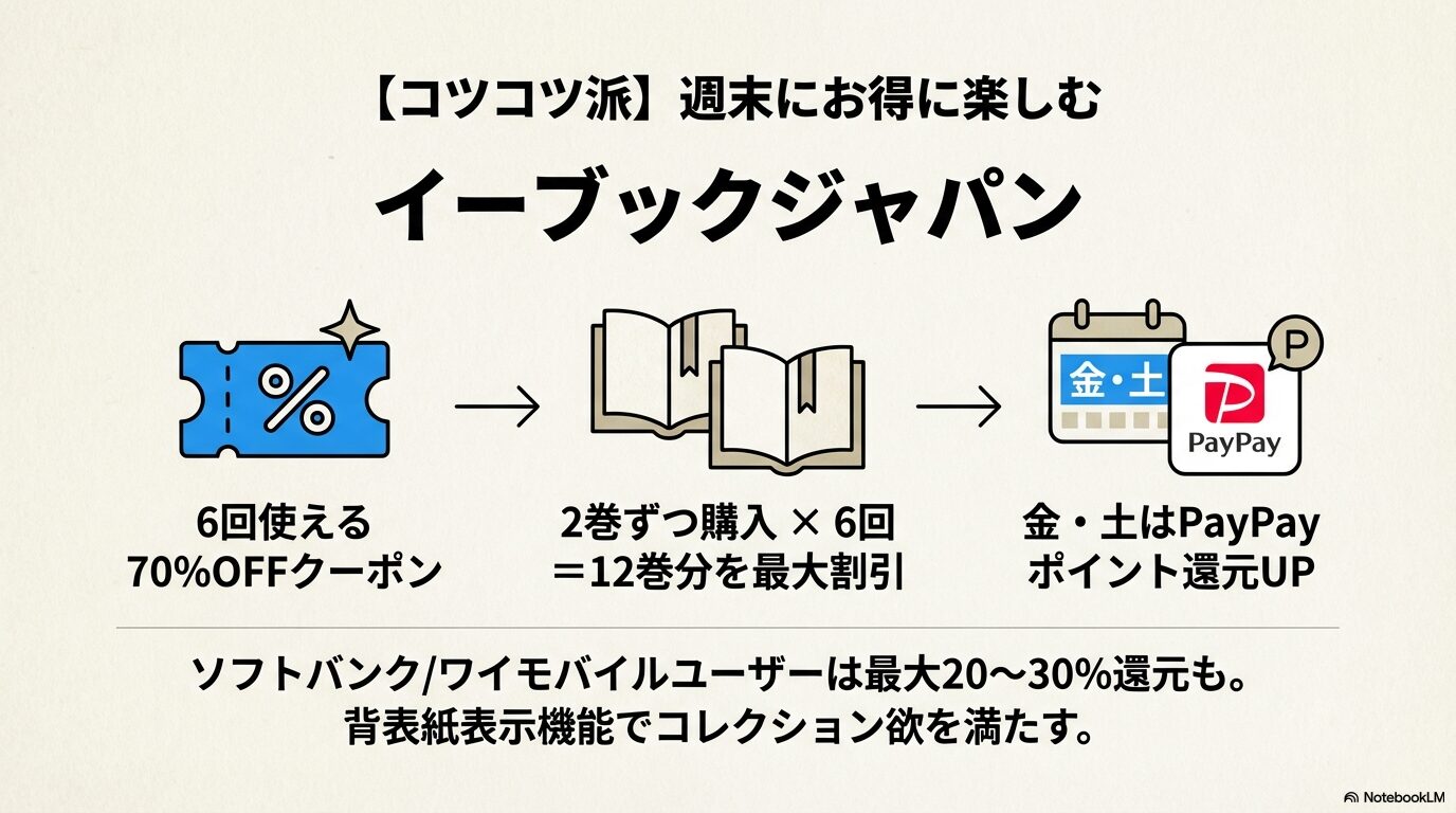 ebookjapanの特典「6回使える70%OFFクーポン」の活用術。2巻ずつ6回に分けて購入することで最大割引。金土曜はPayPay還元アップ。