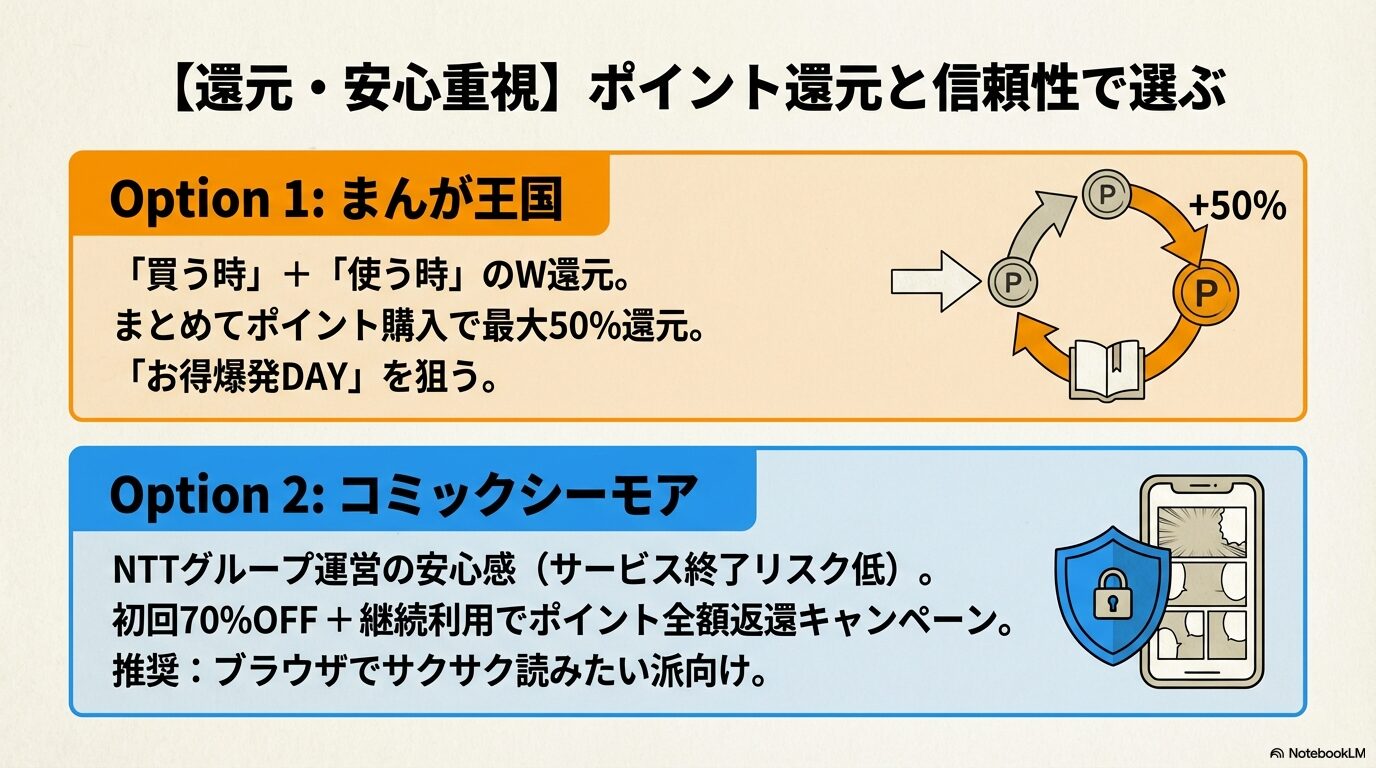 まんが王国の最大50%W還元と、NTTグループ運営で信頼性が高いコミックシーモアの特典比較スライド。