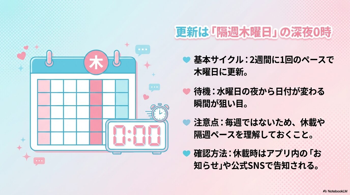 山田くんとLv999の恋をするは隔週木曜日の深夜0時に更新されるスケジュールを示したカレンダー画像。