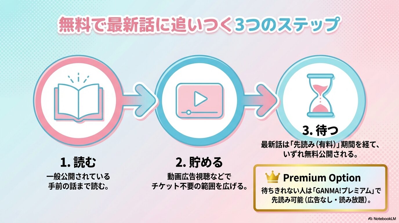 読む、貯める、待つという3つのステップで山田くんとLv999の恋をするを無料で読む方法の図解。