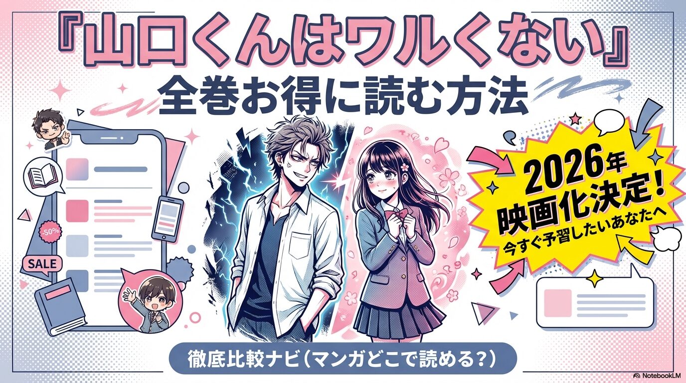 漫画『山口くんはワルくない』のメインビジュアルと「全巻お得に読む方法」「2026年映画化決定」のテキスト