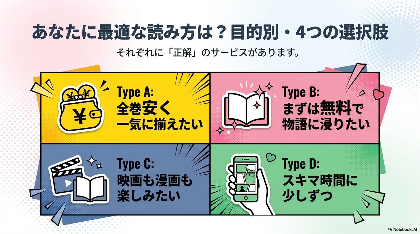 全巻安く揃えたい、まずは無料で読みたい、映画も漫画も楽しみたい、スキマ時間に少しずつ読みたいという4つのタイプ別選択肢