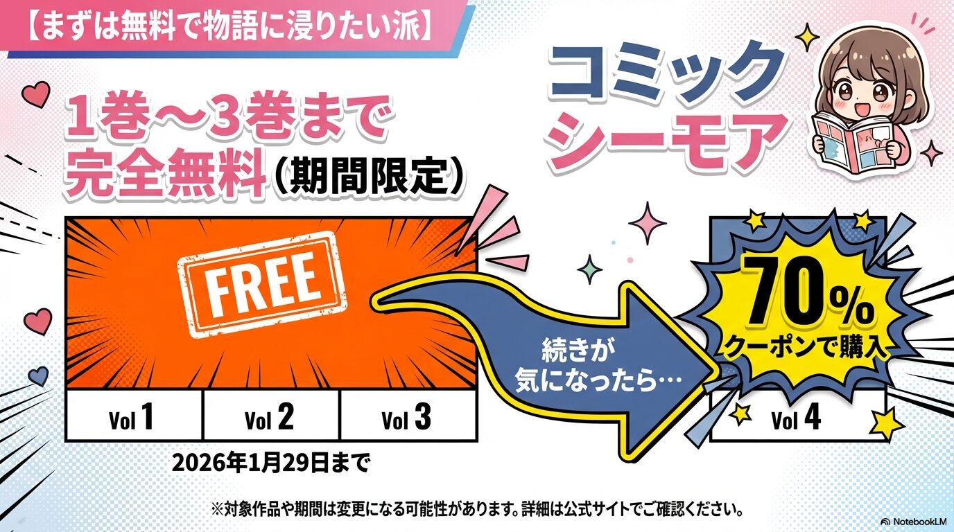 コミックシーモアにて『山口くんはワルくない』が1巻から3巻まで期間限定で完全無料公開されている案内スライド