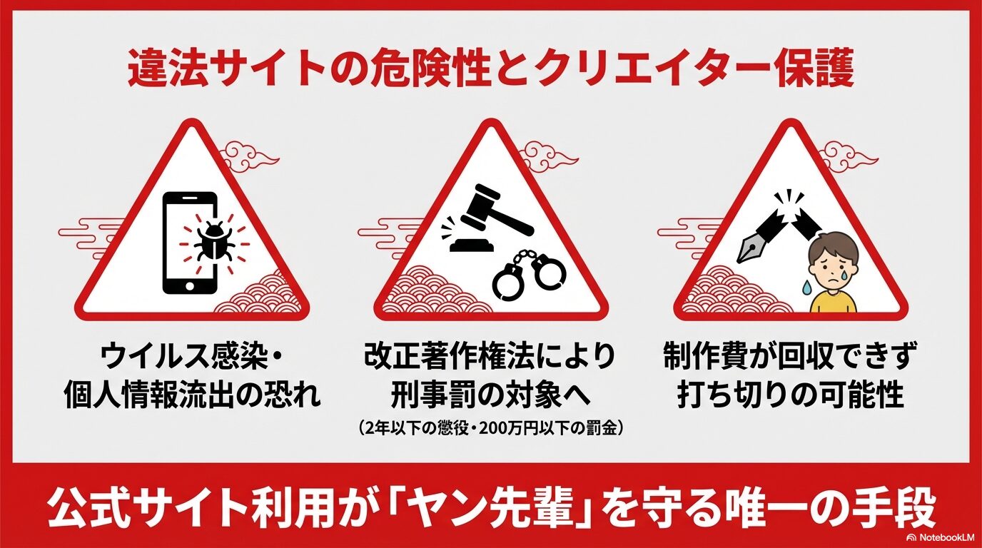 ウイルス感染や法的罰則、作品打ち切りのリスクなど違法サイトを利用する危険性を警告するアイコン