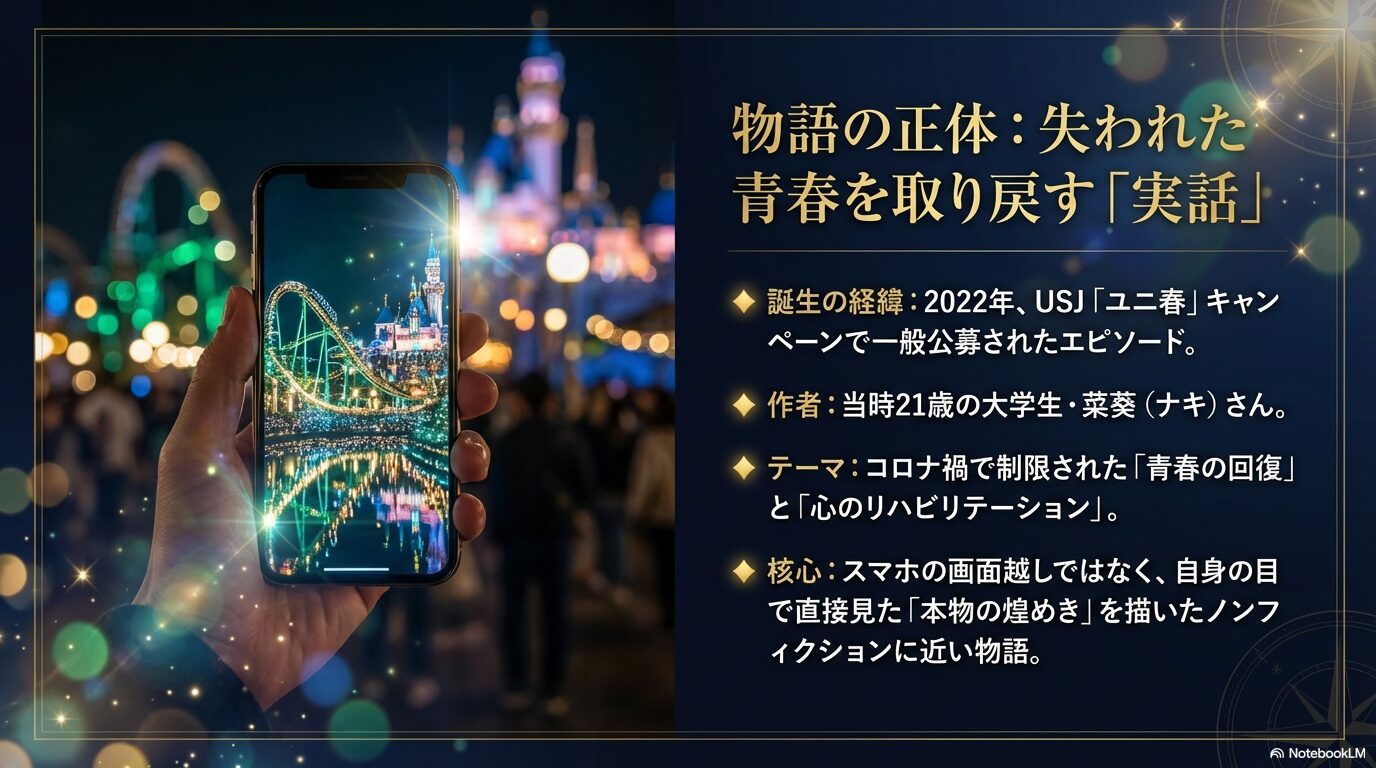 2022年USJユニ春キャンペーンで一般公募されたエピソード。作者は菜葵（ナキ）さん。コロナ禍での青春の回復がテーマであることを説明するスライド。