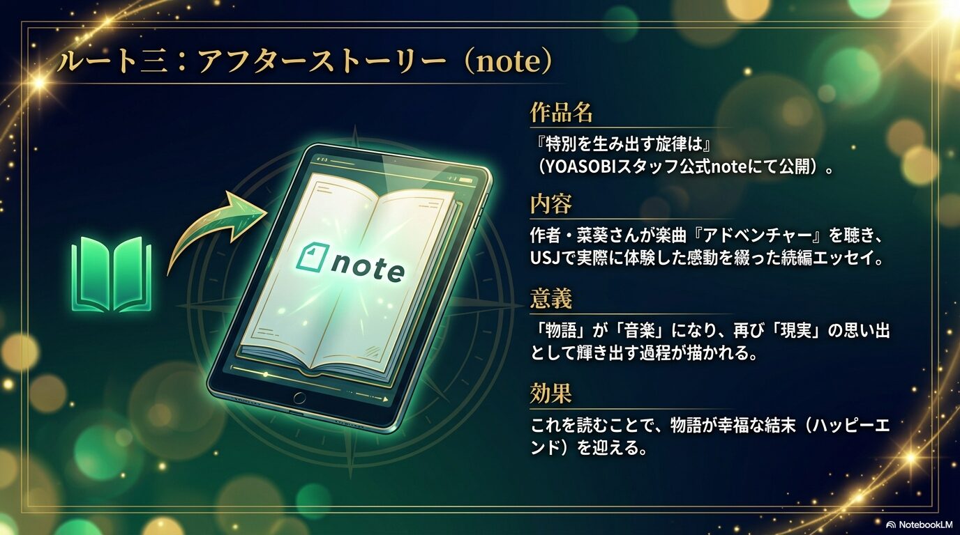 OASOBIスタッフ公式noteで公開されている続編。作者・菜葵さんが「アドベンチャー」を聴いてUSJで体験した感動を綴ったエッセイの解説スライド。