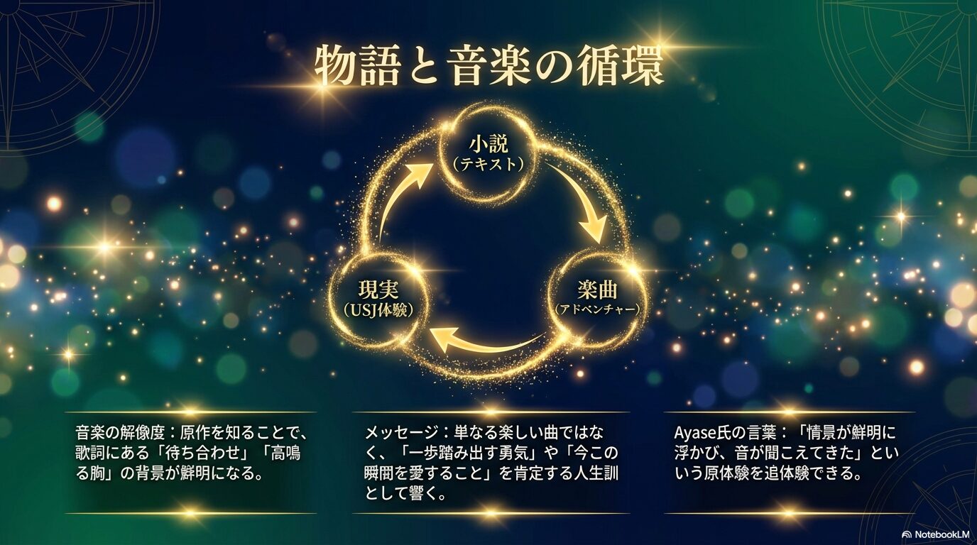小説（テキスト）、楽曲（アドベンチャー）、現実（USJ体験）が循環し、音楽の解像度が高まる過程を解説したスライド。