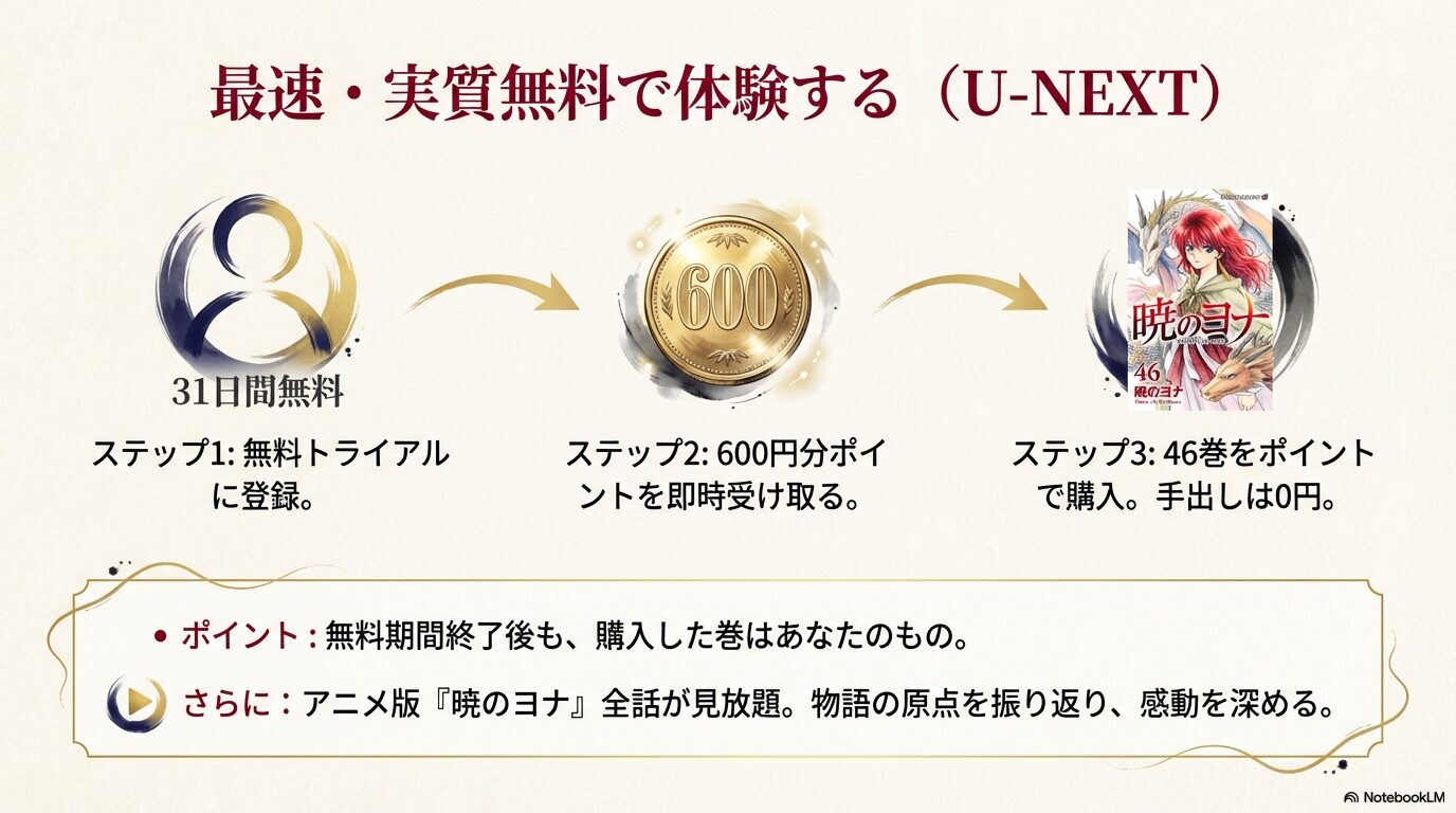: U-NEXT無料トライアルで暁のヨナ46巻を実質無料で読む3つのステップ
