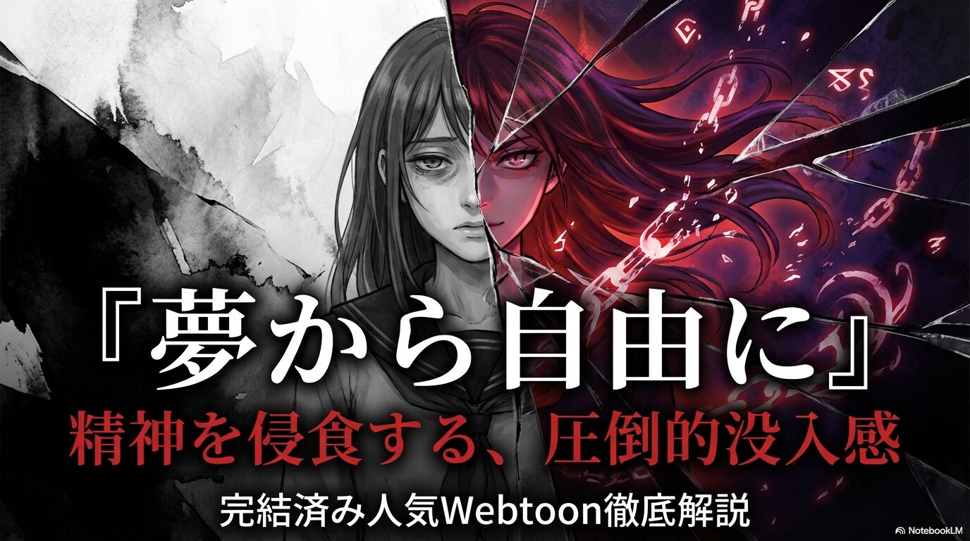 人気Webtoon作品『夢から自由に』の徹底解説スライド。精神を侵食する圧倒的な没入感と完結済み作品であることを紹介。