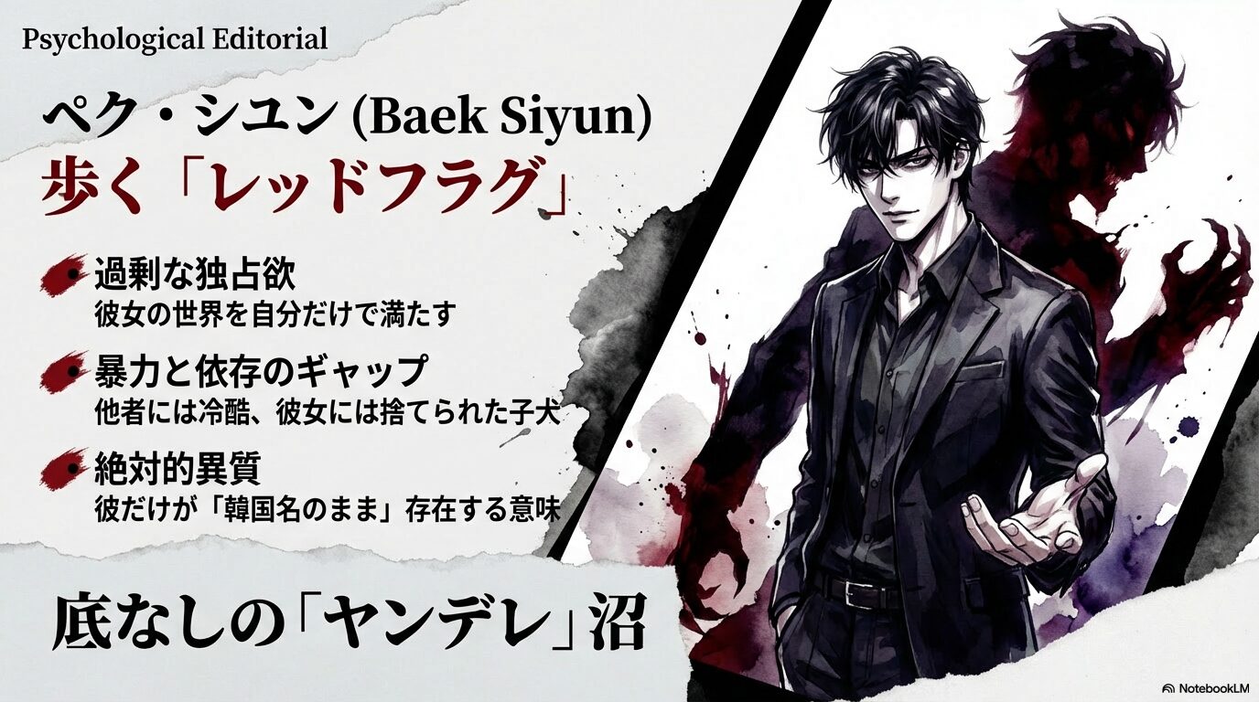 男性主人公ペク・シユンの解説。過剰な独占欲、暴力と依存のギャップ、歩くレッドフラグとしての異質な魅力を紹介。