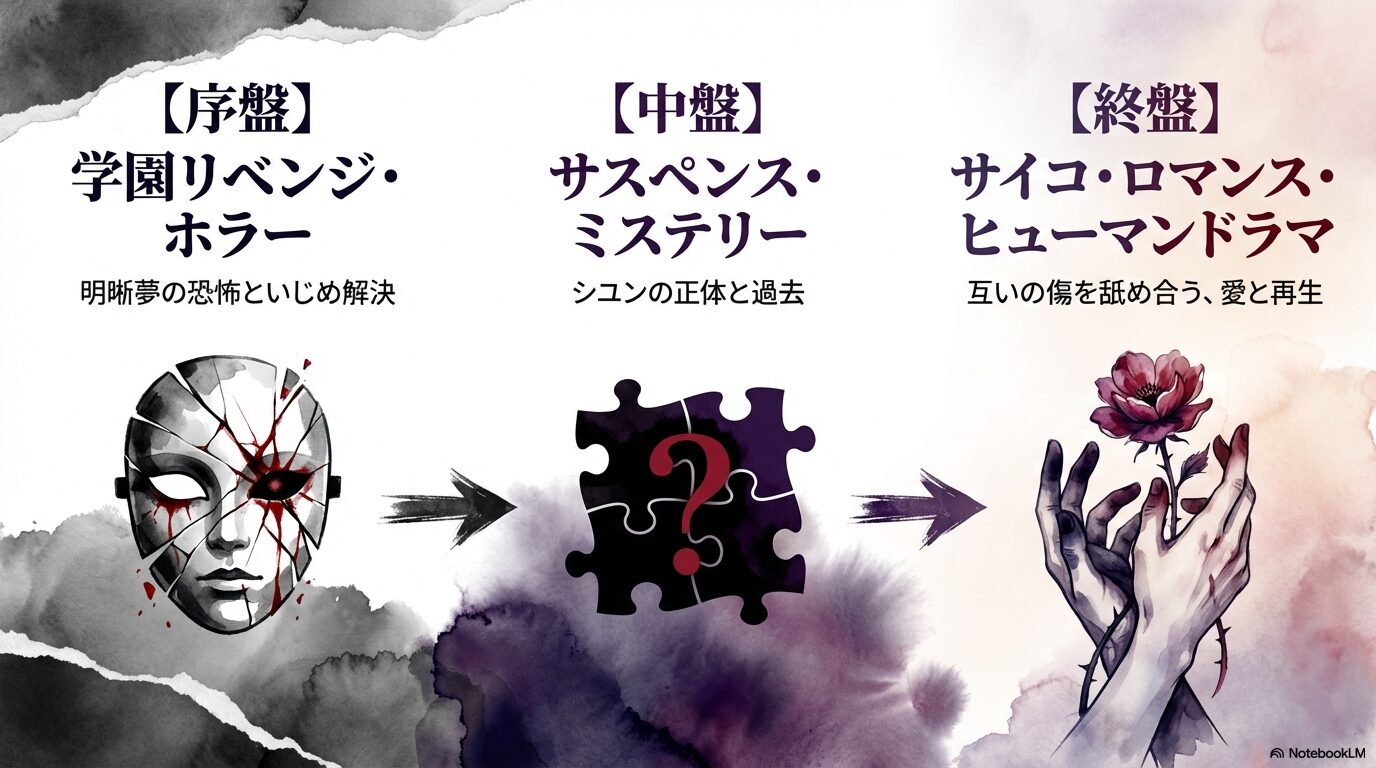 序盤(学園リベンジ)、中盤(サスペンス)、終盤(サイコ・ロマンス)へと変化していく物語の構成を説明するスライド。