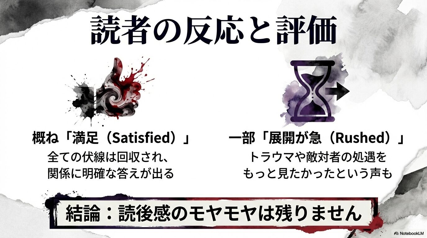 読者の反応まとめ。概ね満足度が高いこと、伏線が回収されること、一部の展開についての評価を紹介。
