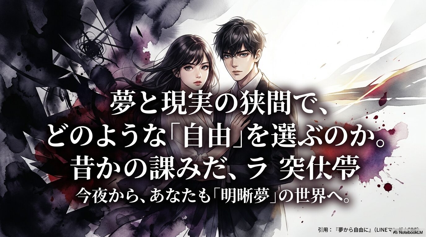 夢と現実の狭間での自由を問うキャッチコピーと、今夜から「明晰夢」の世界へ誘う最終スライド。