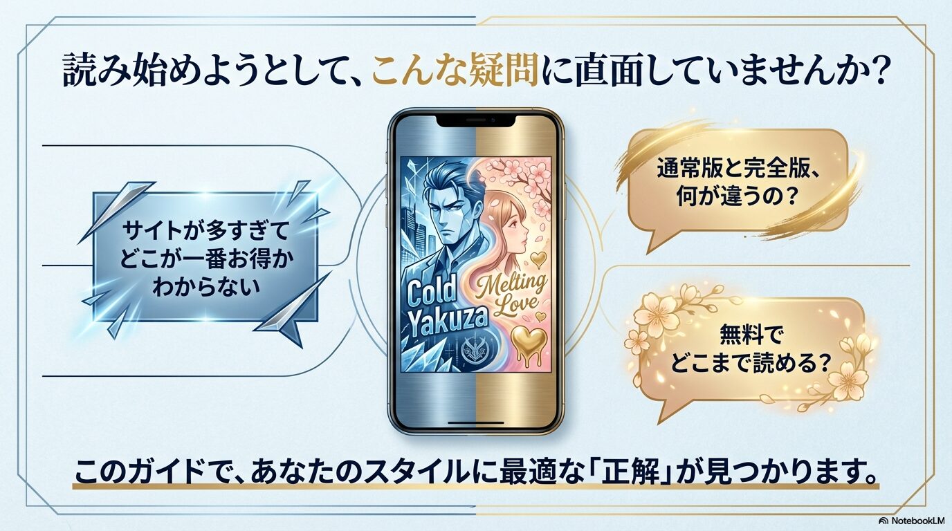 漫画『融点』をどこで読むべきか、通常版と完全版の違いや無料範囲についての疑問をまとめたスライド画像。