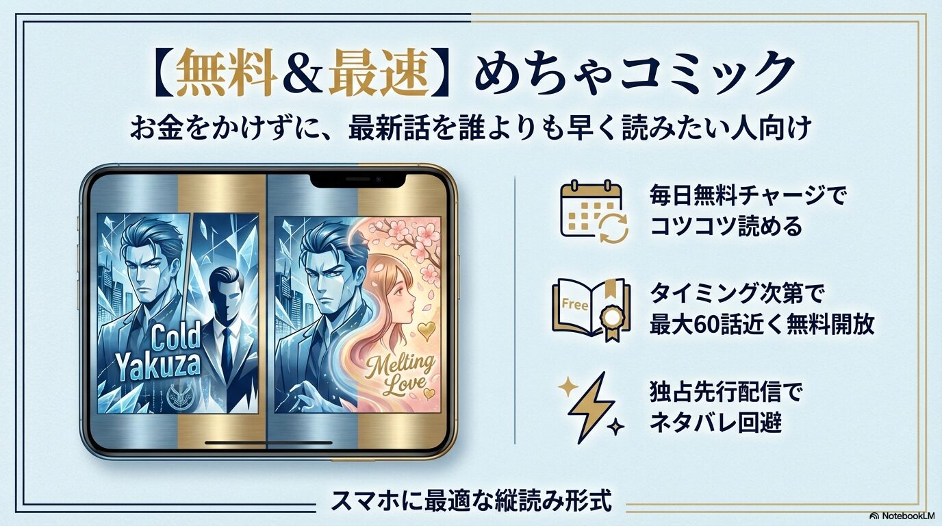 : めちゃコミックの特徴である毎日無料チャージ、最大60話無料、独占先行配信を解説するスライド。