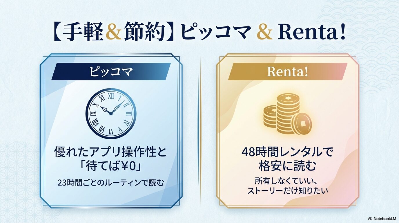 ピッコマの「待てば¥0」とRenta!の「48時間レンタル」による節約読書法を比較・解説するスライド。