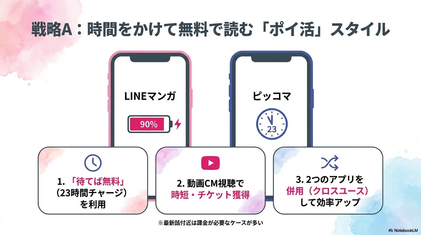 まとめ買いに強いebookjapan、スピード重視のコミックシーモア、還元率重視のBOOK WALKERの3つのストアの特徴を比較したタイプ別診断スライド。