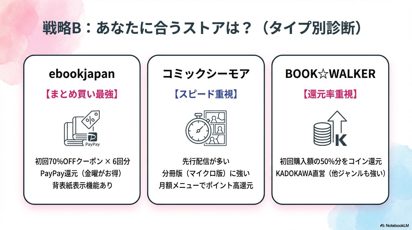 LINEマンガやピッコマの「待てば無料」機能や動画CM視聴、2つのアプリの併用(クロスユース)で効率よく読み進める方法を解説したスライド。