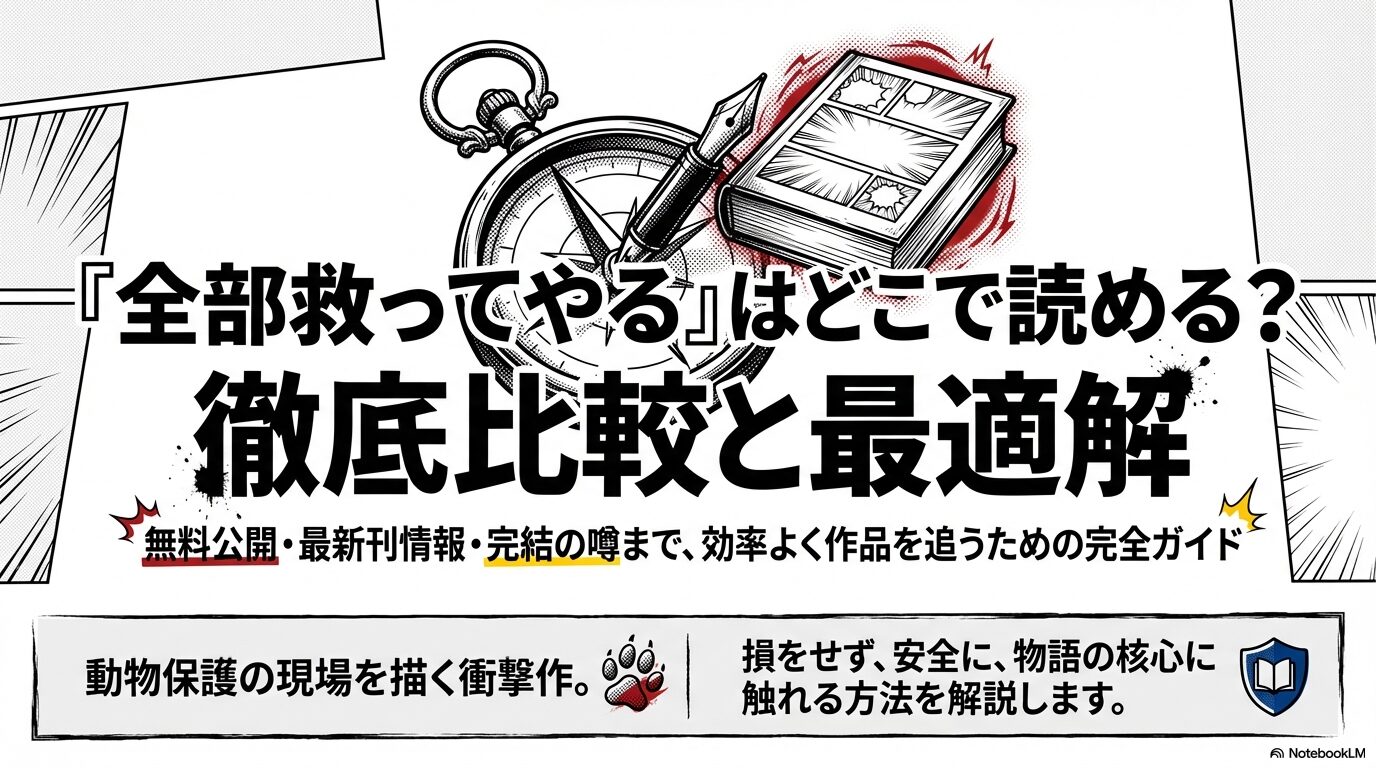 漫画「全部救ってやる」の配信サイト比較、無料公開、最新刊情報を網羅した完全ガイドの表紙。