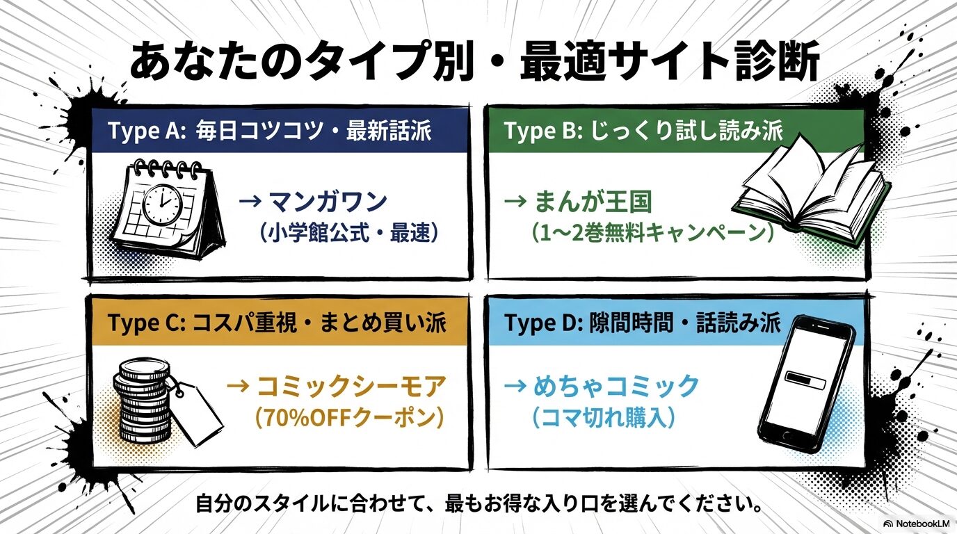 毎日コツコツ派はマンガワン、試し読み派はまんが王国など、読者タイプに合わせた最適なマンガ配信サイトの診断図。