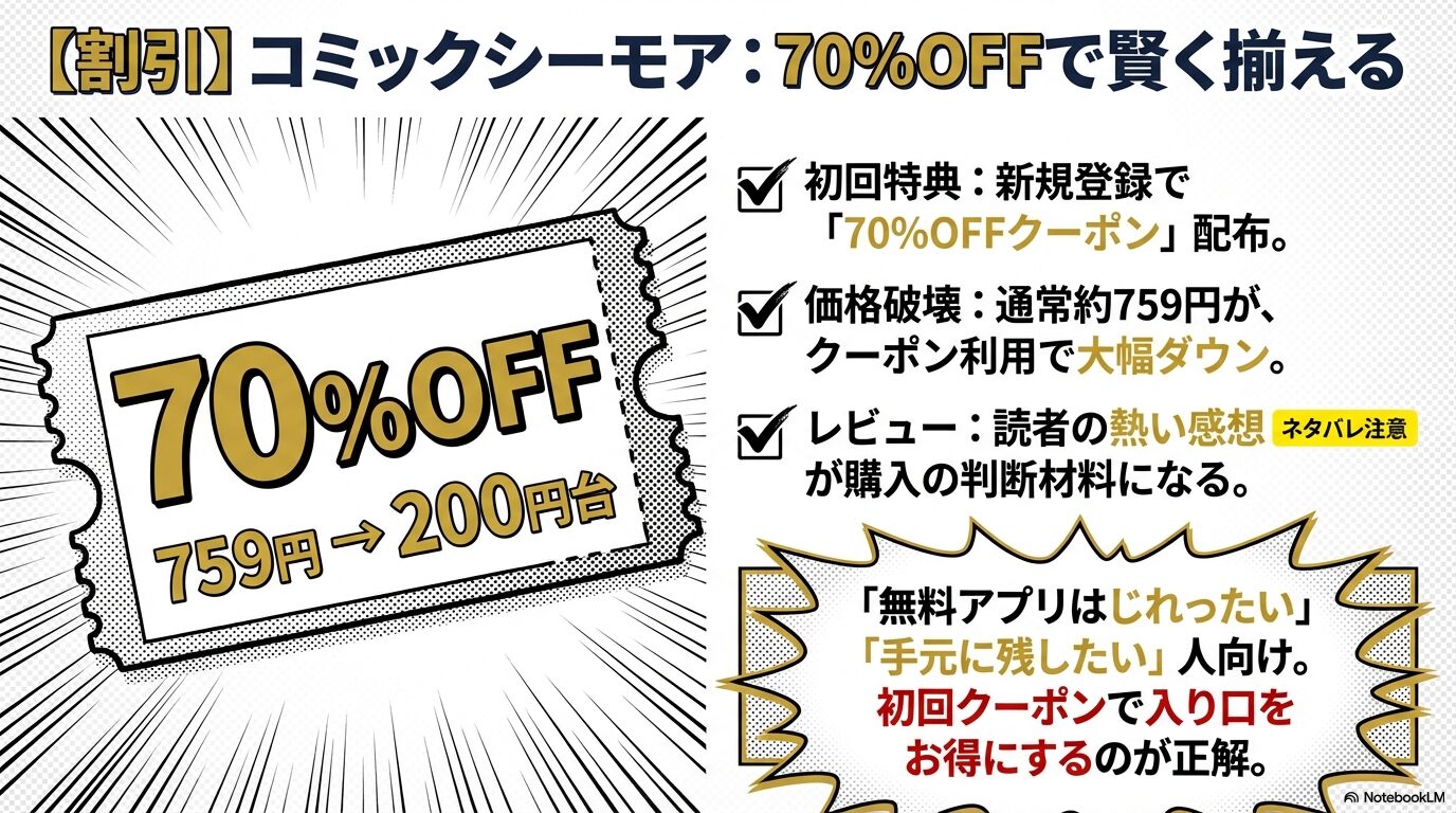 コミックシーモアの新規登録70%OFFクーポンによる大幅な割引価格とレビュー機能のメリット。
