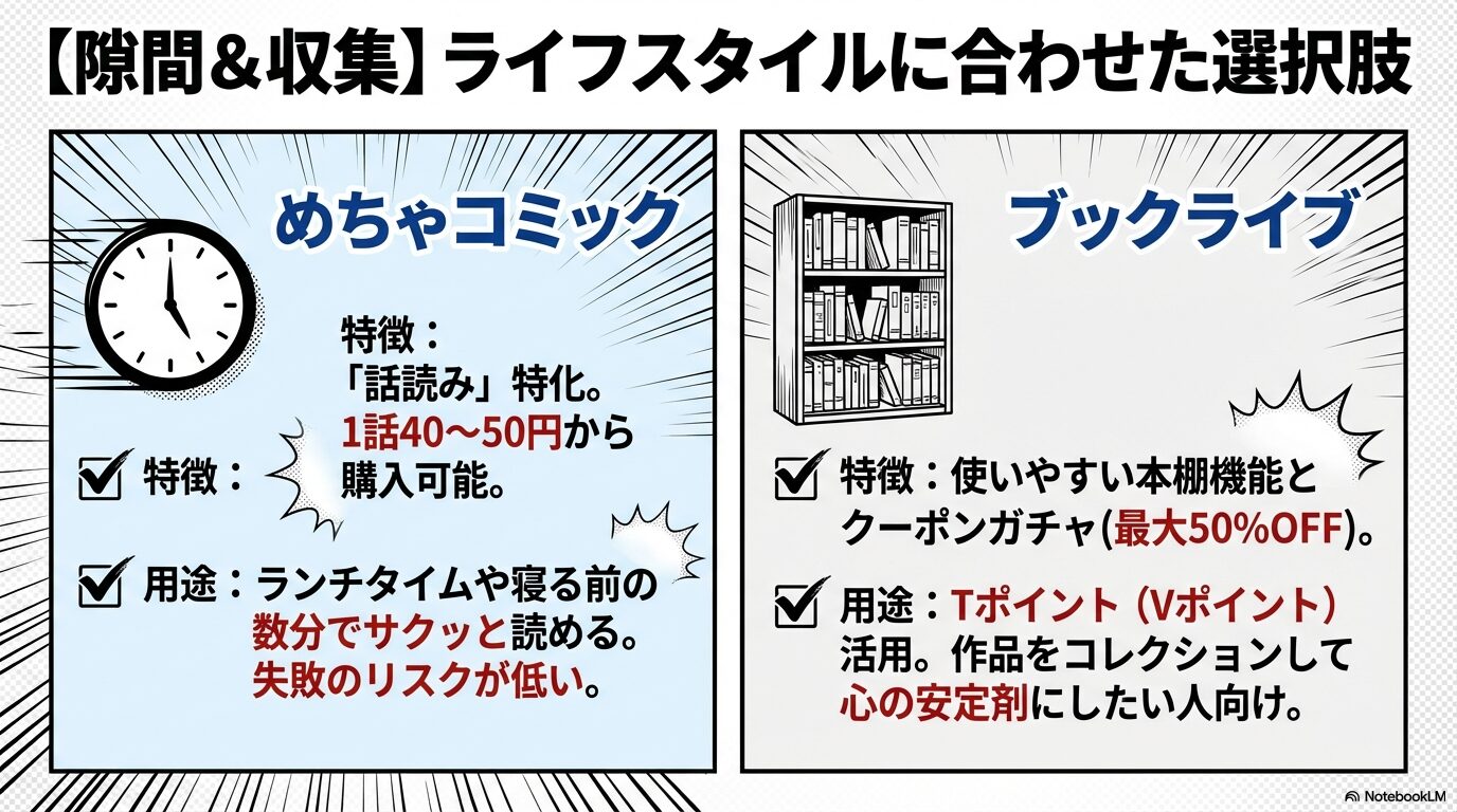 1話単位で読めるめちゃコミックと、本棚機能やVポイントが活用できるブックライブの比較図。