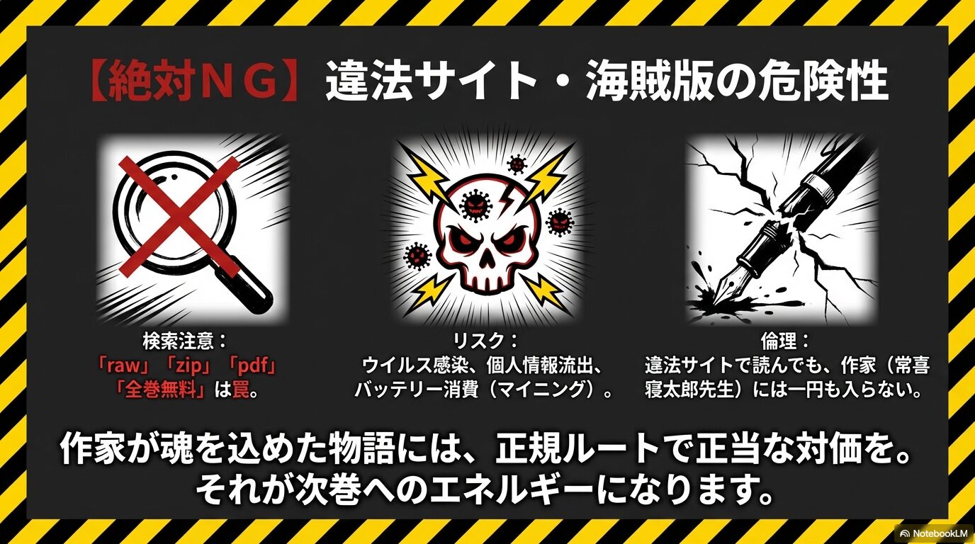 raw、zip、pdfなどの違法サイトによるウイルス感染や個人情報流出のリスクと、作家支援の重要性。