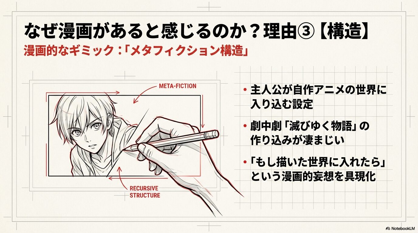 主人公が自作アニメの世界に入り込むメタフィクション設定と、劇中劇「滅びゆく物語」の作り込みを説明する図解。
