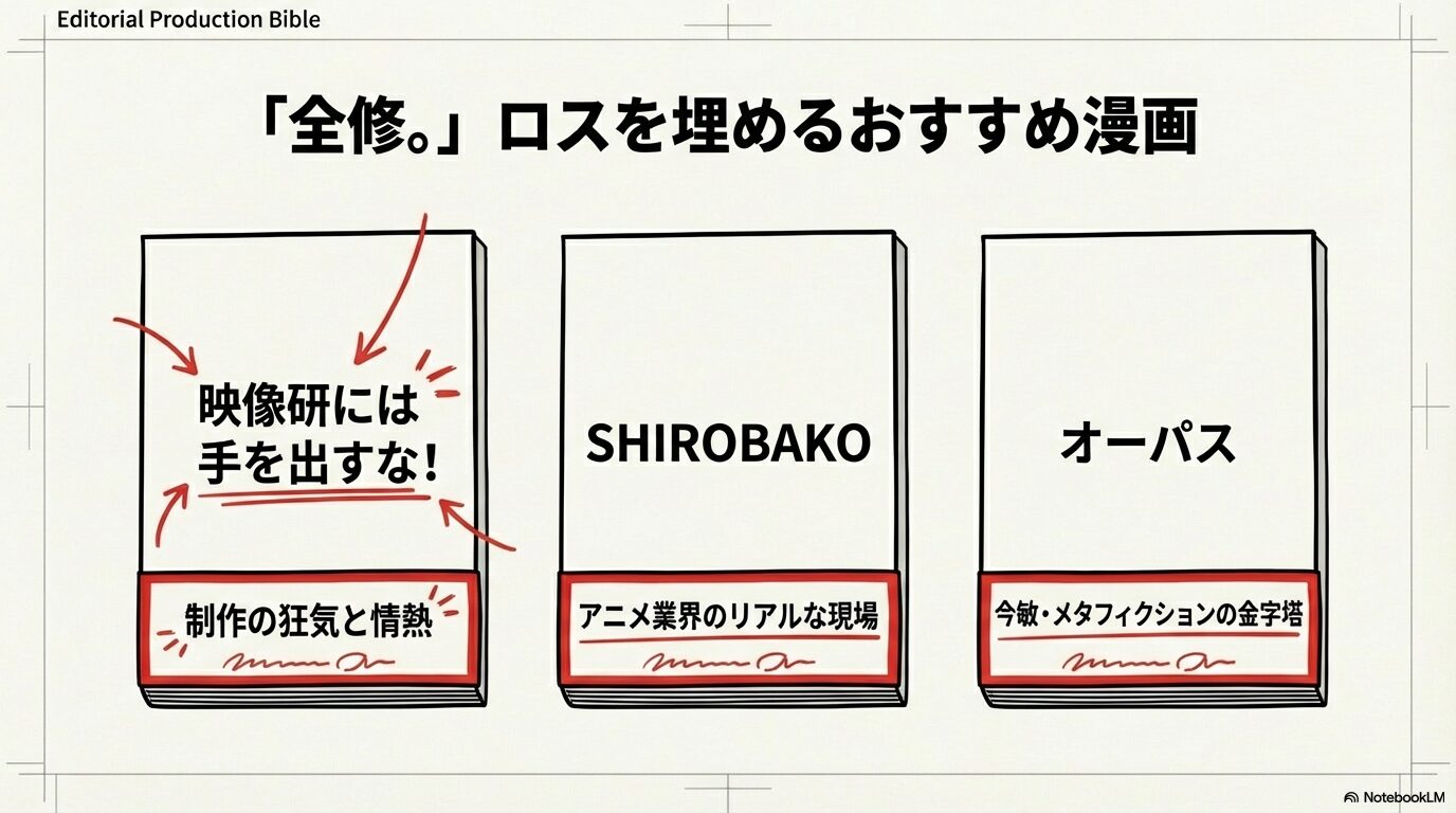 「映像研には手を出すな!」「SHIROBAKO」「オーパス」など、アニメ制作の狂気やリアル、メタフィクションを楽しめる漫画の紹介。