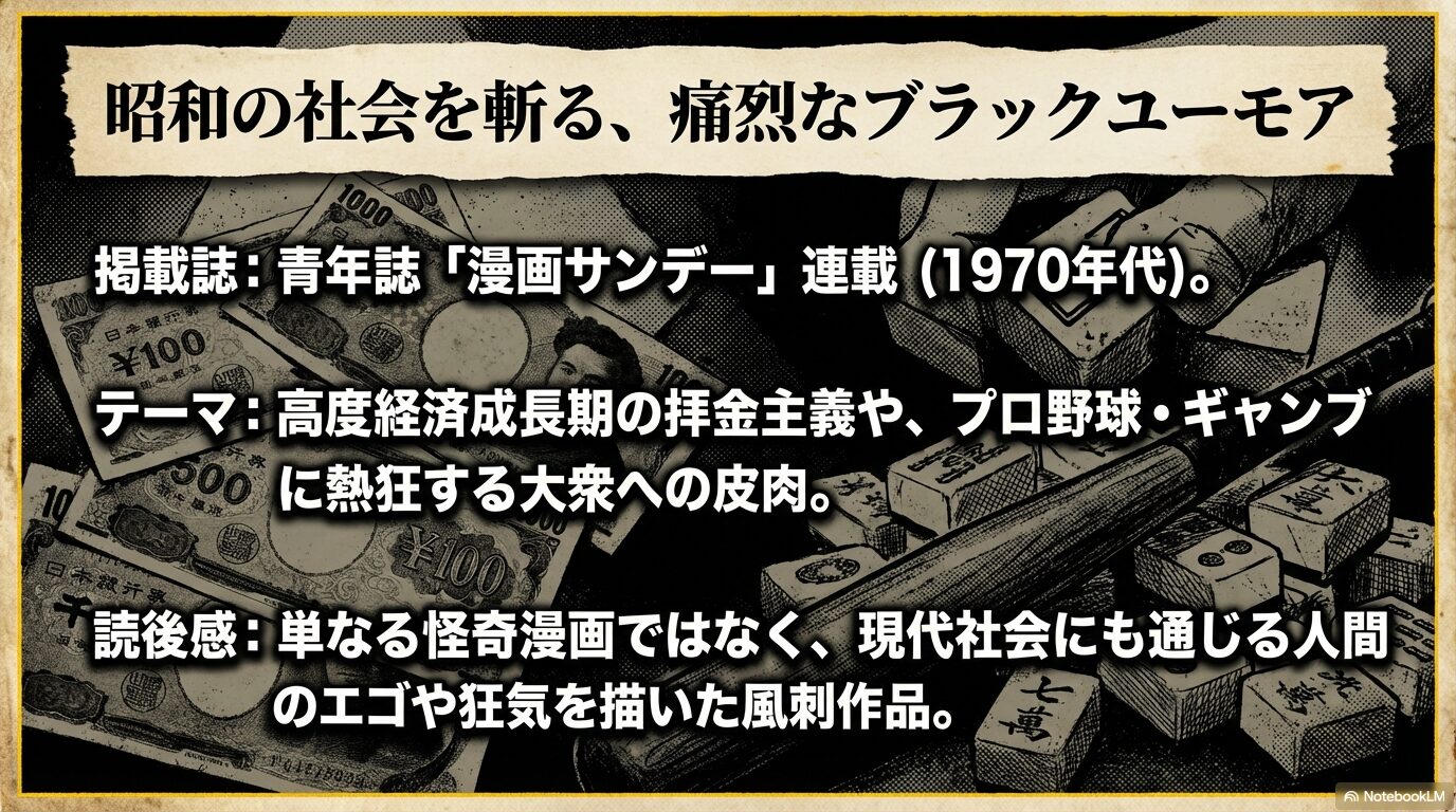 漫画サンデー連載時の1970年代日本、高度経済成長期の拝金主義や大衆への皮肉を描いた風刺作品であることを説明するスライド
