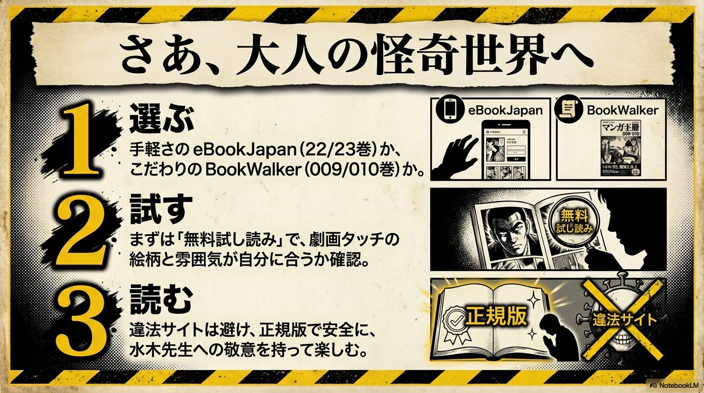 正規版サイトを選び、無料試し読みで確認し、安全に楽しむための3ステップ(選ぶ・試す・読む)をまとめたスライド