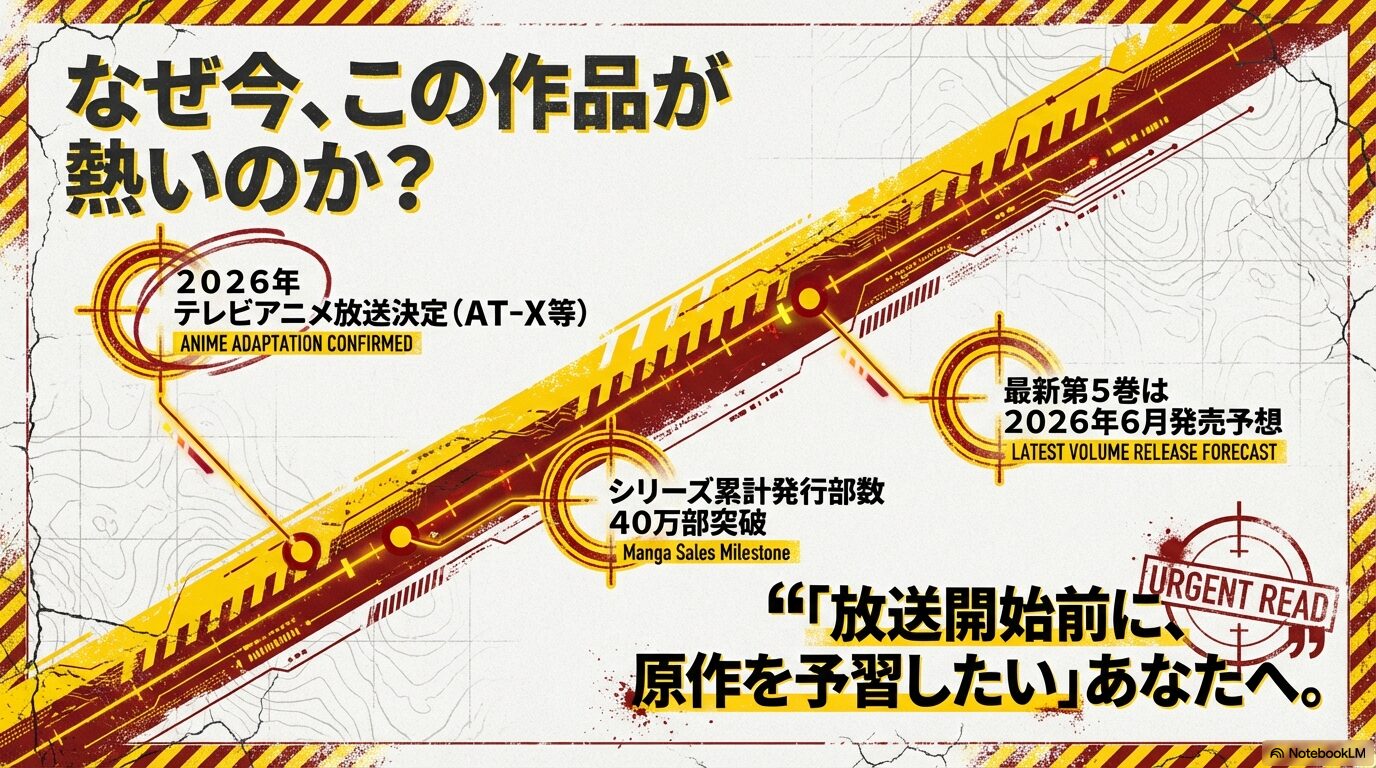 2026年アニメ化決定、シリーズ累計40万部突破、最新5巻の発売予想など、作品が今注目されている理由をまとめたスライド画像。