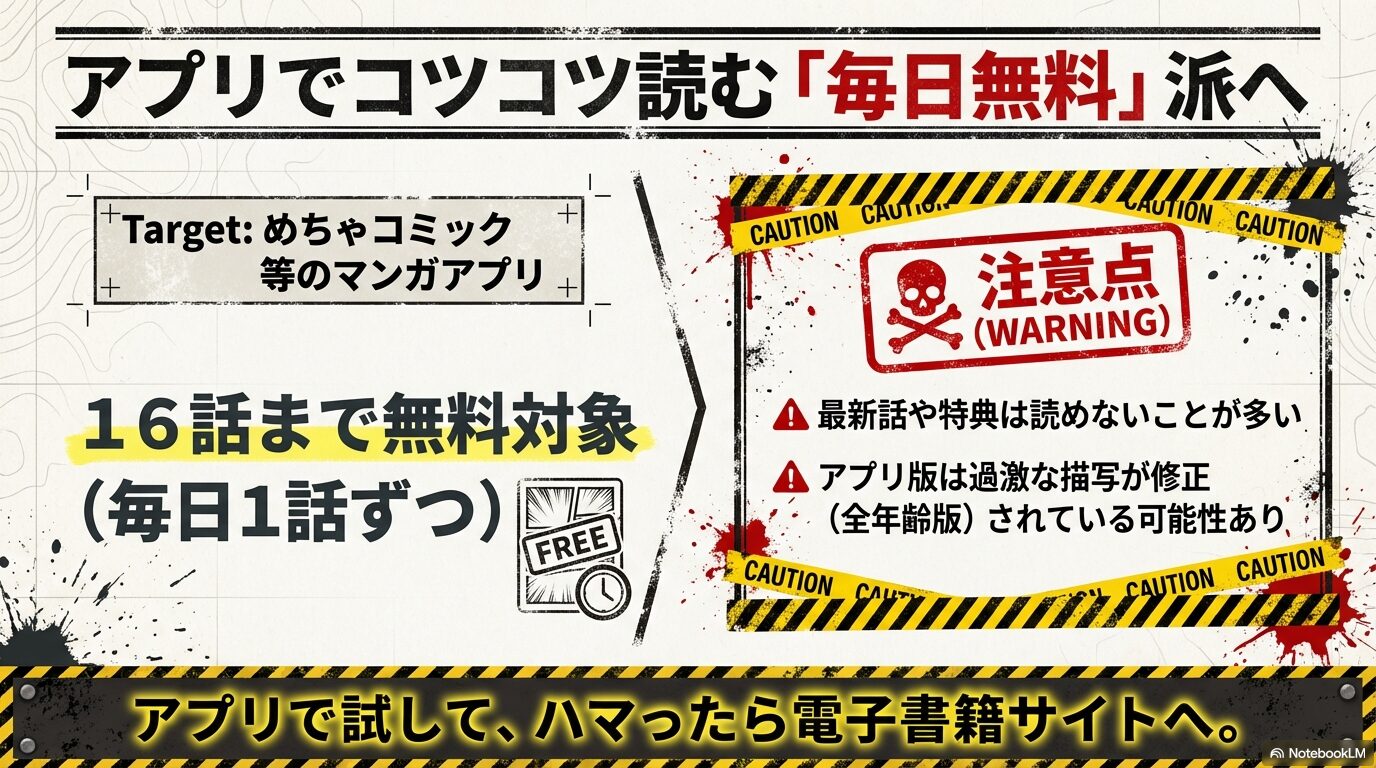 めちゃコミックなどのアプリで16話まで無料だが、最新話が読めない点や過激な描写が修正されている可能性がある注意点をまとめたスライド。
