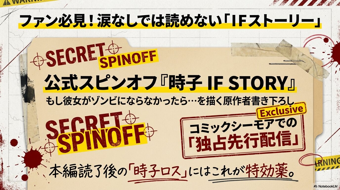 コミックシーモアで独占先行配信されている公式スピンオフ『時子 IF STORY』の内容と魅力を紹介するスライド画像。