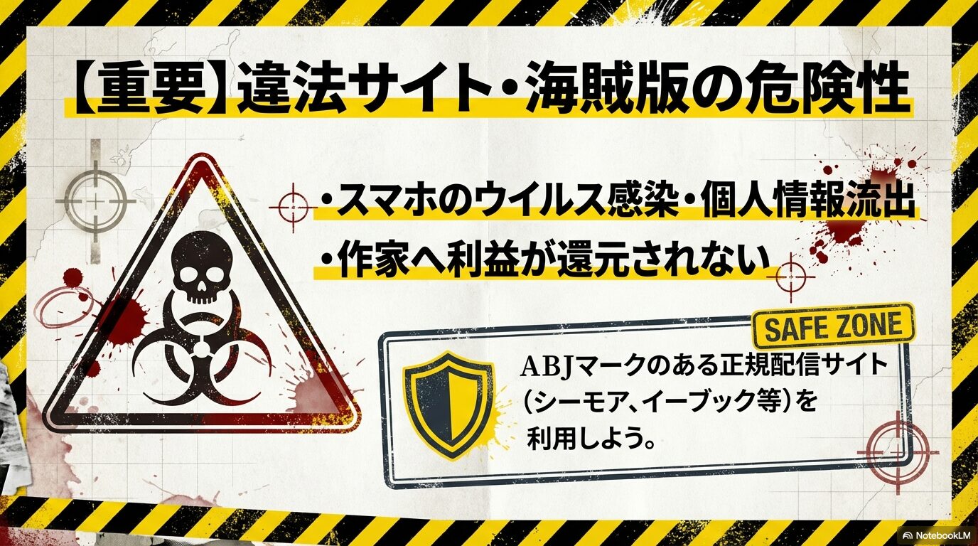 ウイルス感染や個人情報流出のリスクがある違法サイトを避け、ABJマークのある正規サイトを利用するよう促すスライド。
