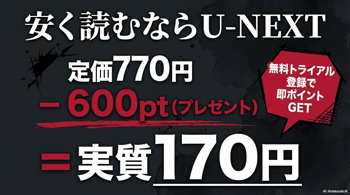 U-NEXTの無料トライアルでもらえる600ptを使い、定価770円を実質170円で読む仕組みの解説スライド。