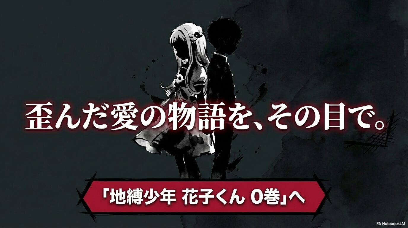 「地縛少年花子くん0巻」へ、歪んだ愛の物語をその目で、と結ぶ情緒的なスライド画像。
