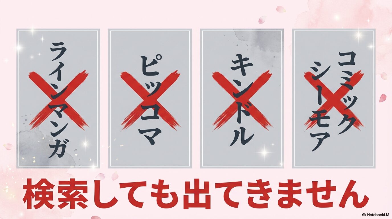 LINEマンガやピッコマ、Kindleなどの主要アプリでは『悪女は美しき獣の愛に咲く』が配信されていないことを示す図解