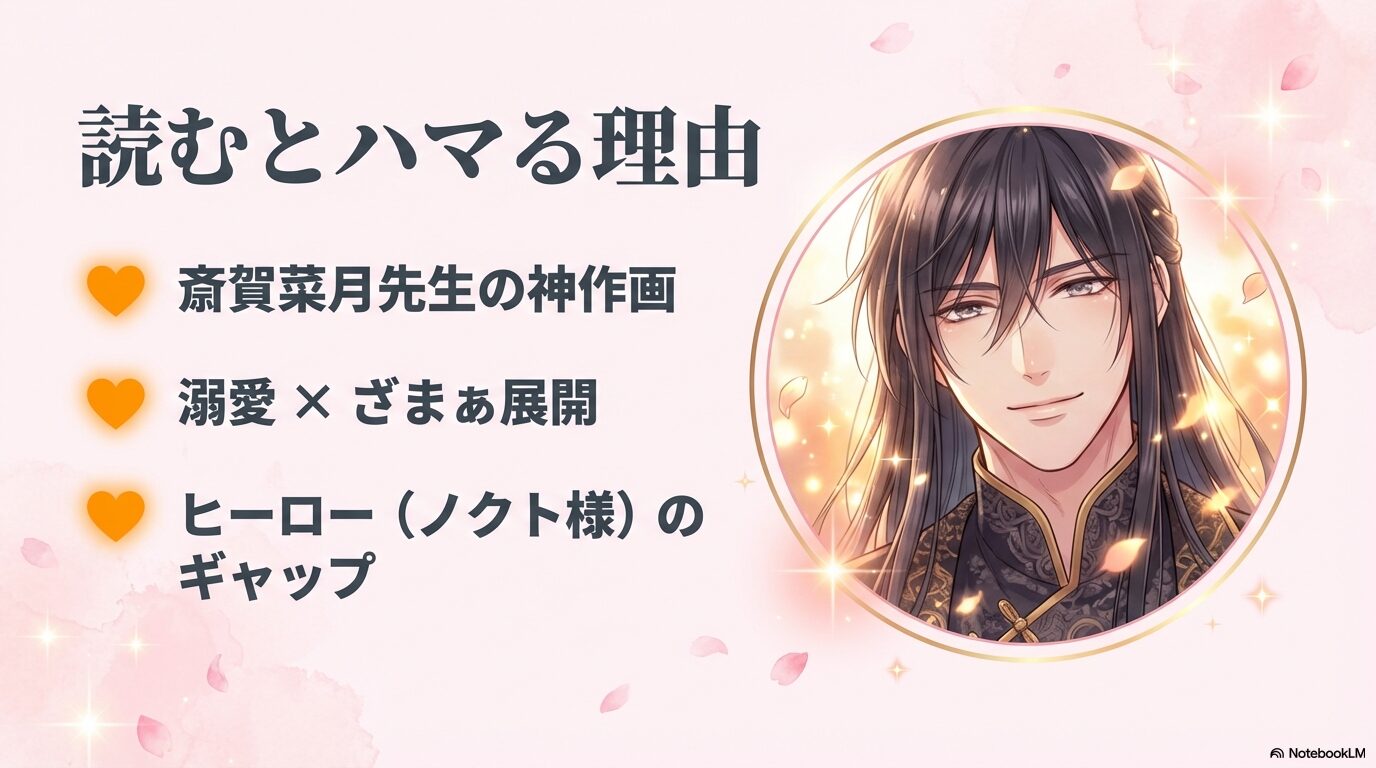 斎賀菜月先生による神作画と、ヒーローであるノクト様のギャップや溺愛ぶりを紹介する画像