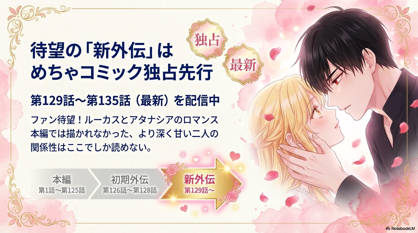 めちゃコミックで第129話から最新135話までを独占先行配信中であることを伝えるスライド